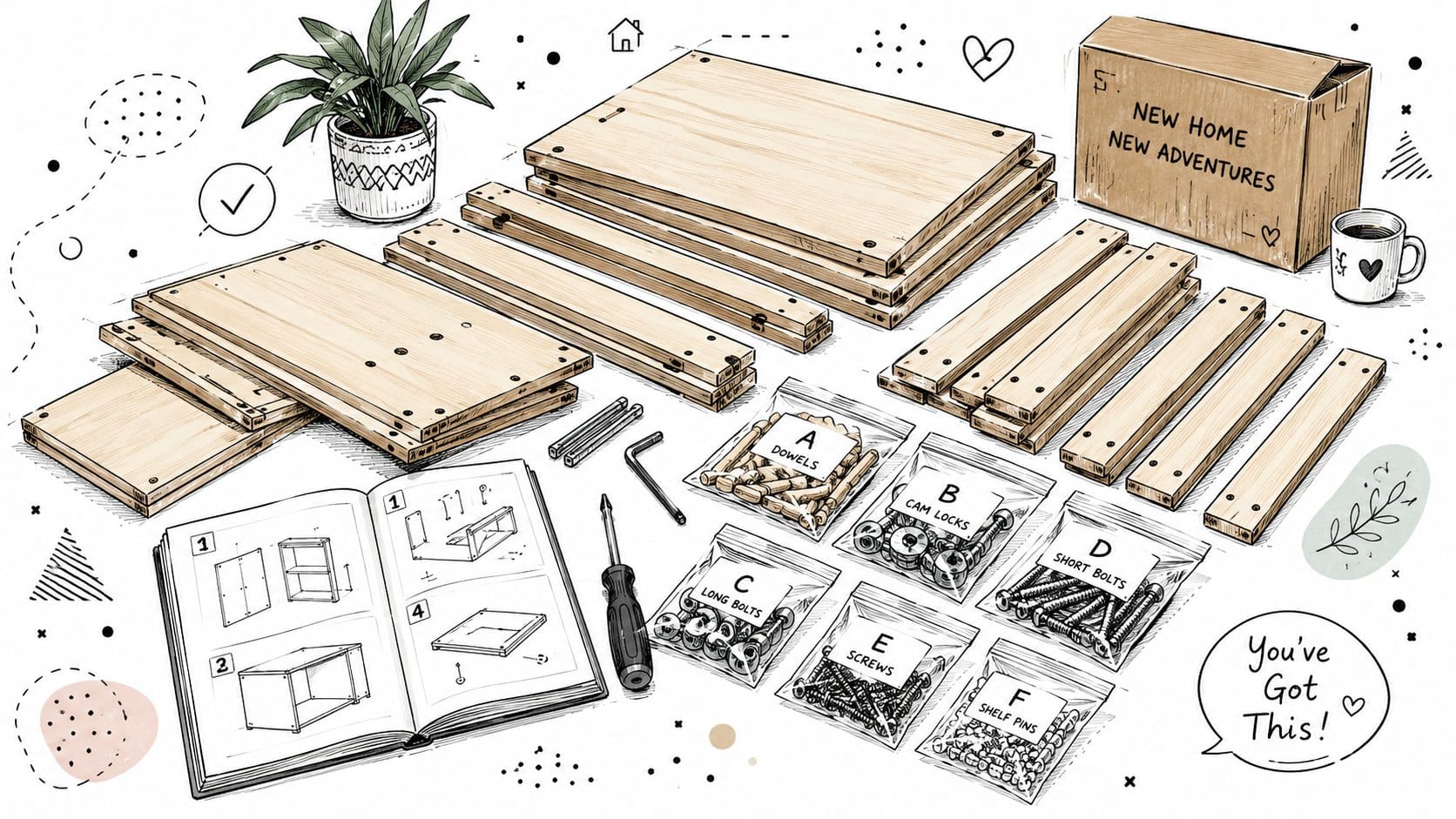 Flat-pack furniture parts and assembly tools laid out