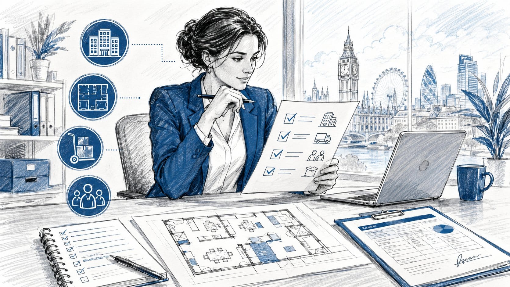 Businesswoman reviewing property checklist in London office