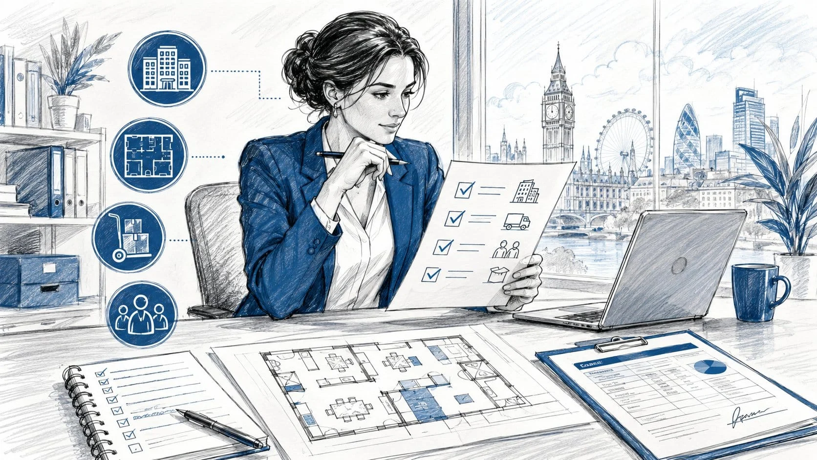 Businesswoman reviewing property checklist in London office