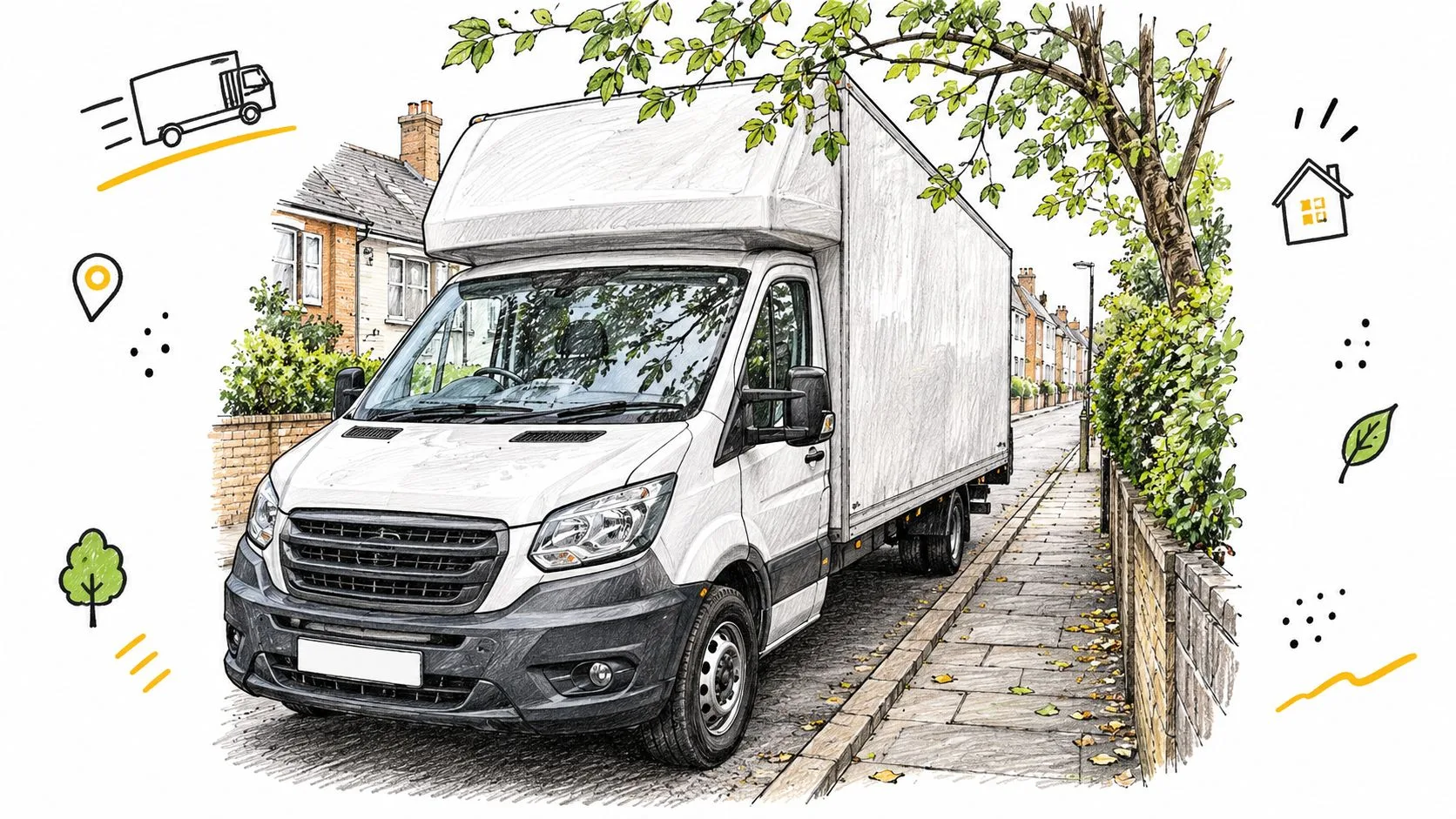 A sketched illustration of a white Luton van parked on a suburban street next to a house.