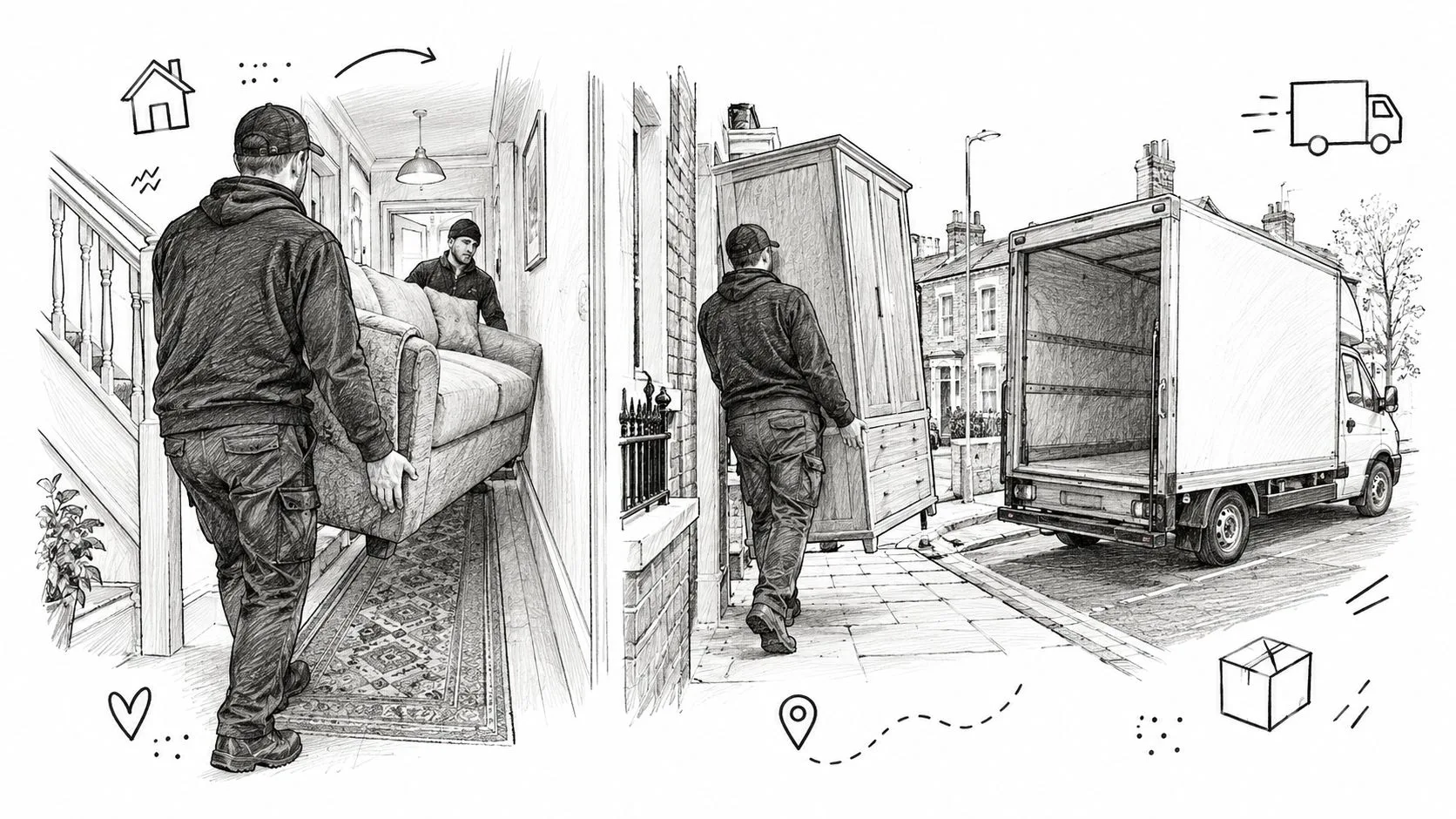 Two professional movers carrying furniture to a 3.5 tonne Luton van parked on a residential street.