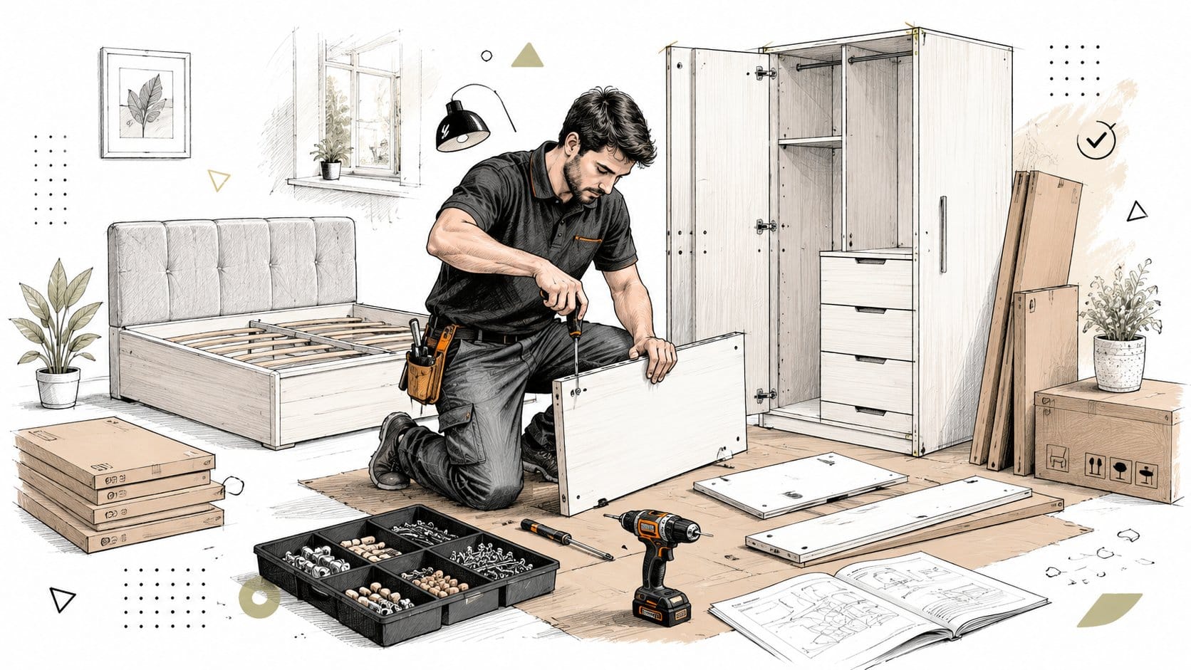 Man assembling flat-pack wardrobe in bedroom