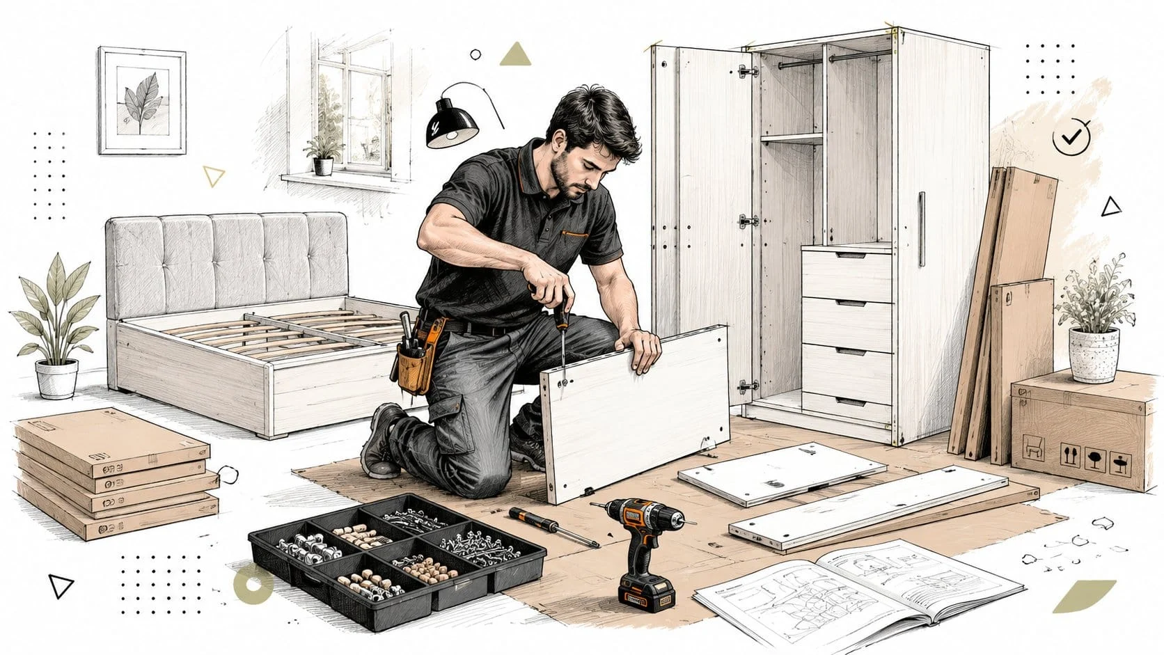 Man assembling flat-pack wardrobe in bedroom