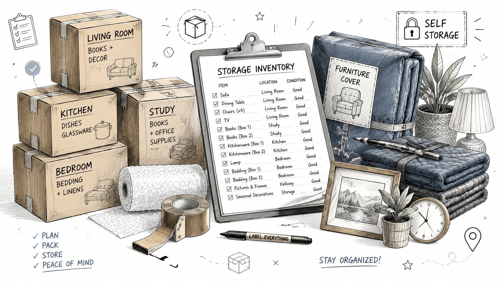 Labelled moving boxes and storage inventory checklist