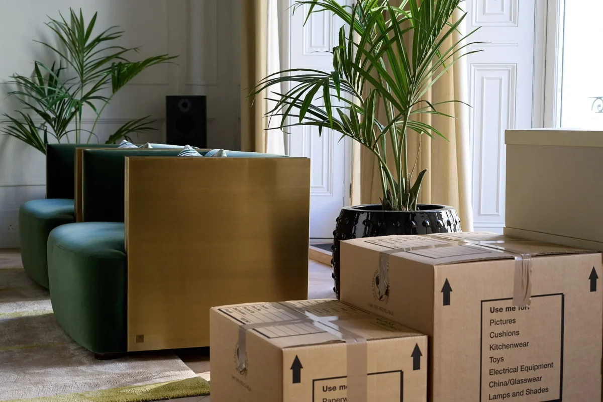Large moving boxes in a living room floor