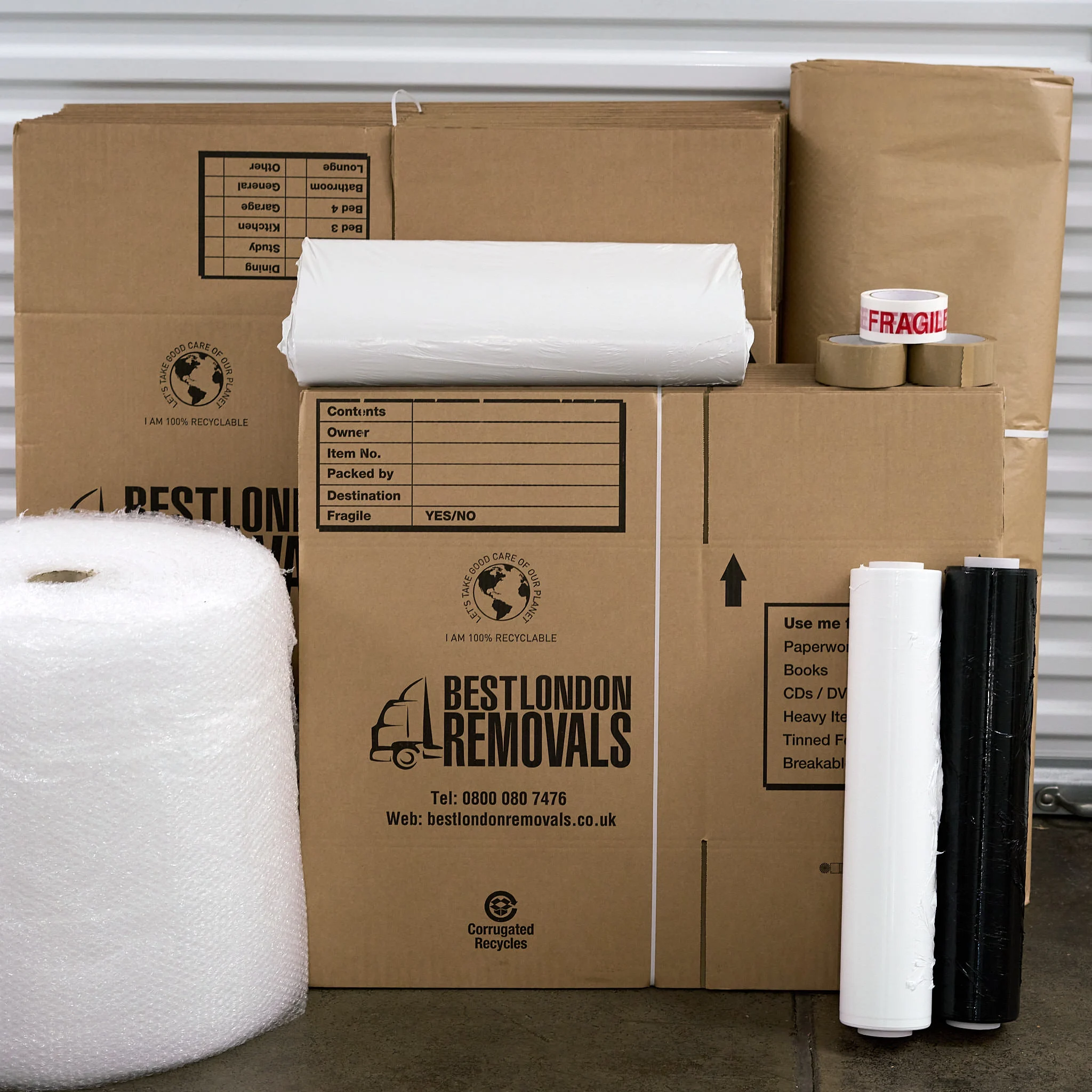 Packing materials - small and large boxes, bubble-wrap, packing paper and packing tapy