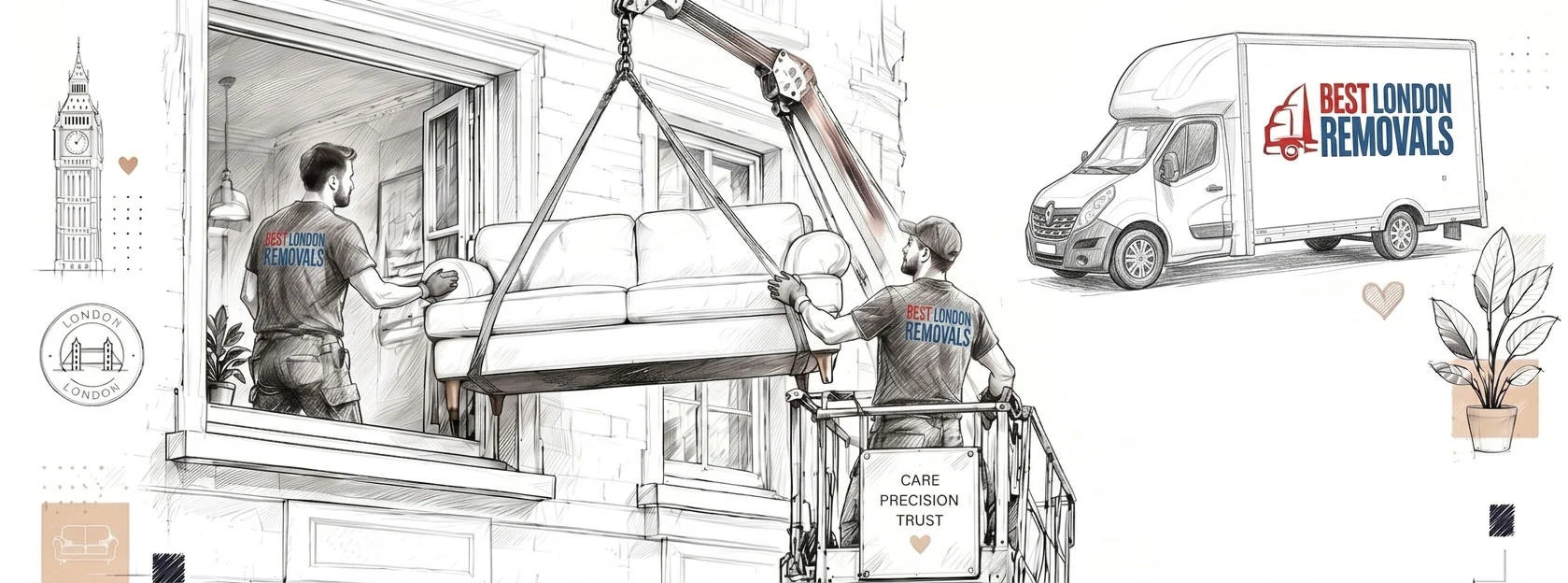 Removal workers lifting sofa through London window