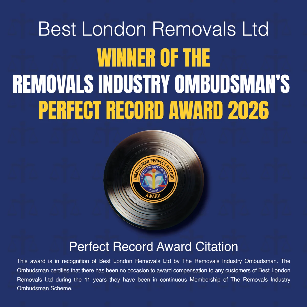 Best London Removals Perfect Record Award 2026 winner