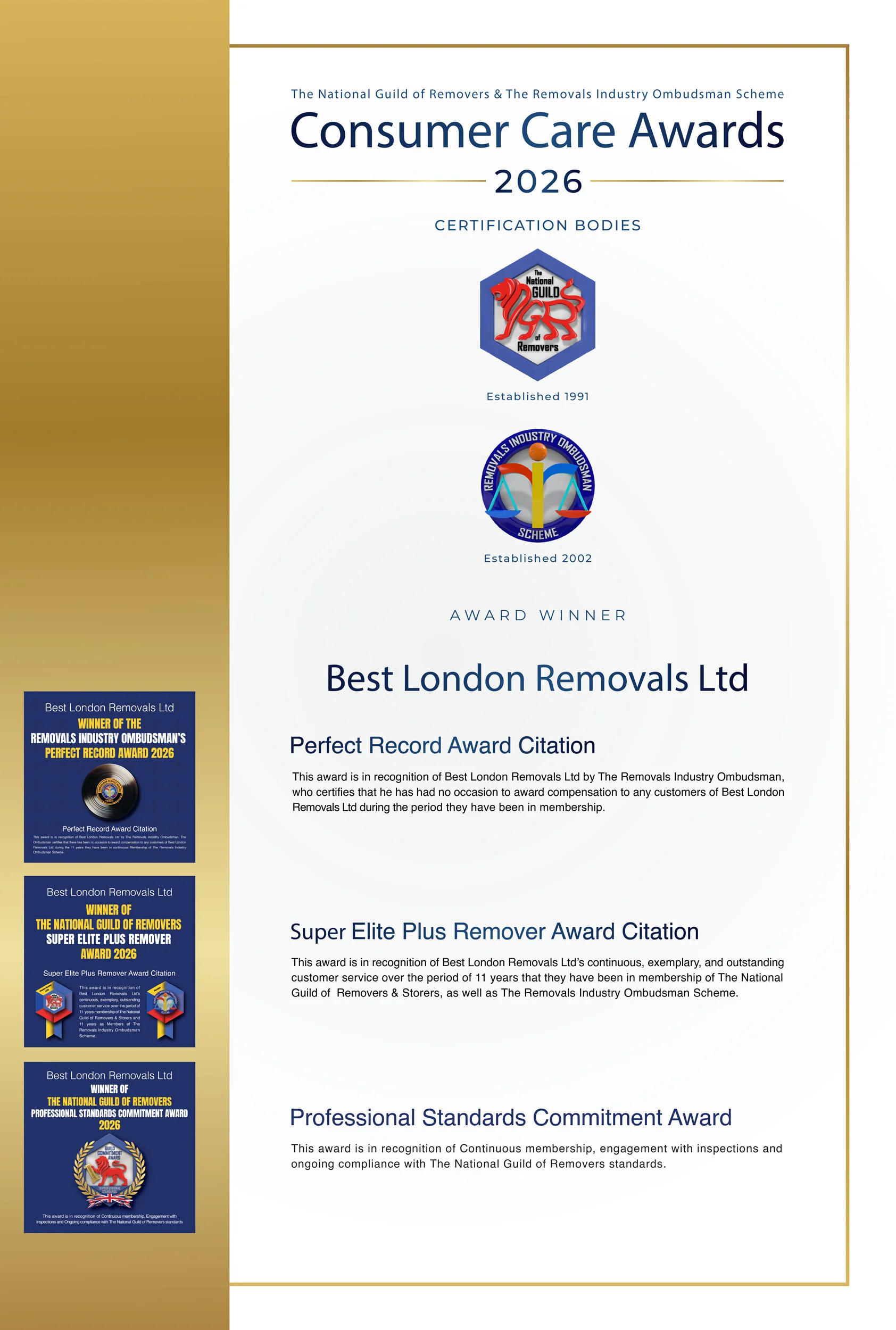 Consumer Care Awards 2026 winner Best London Removals Ltd