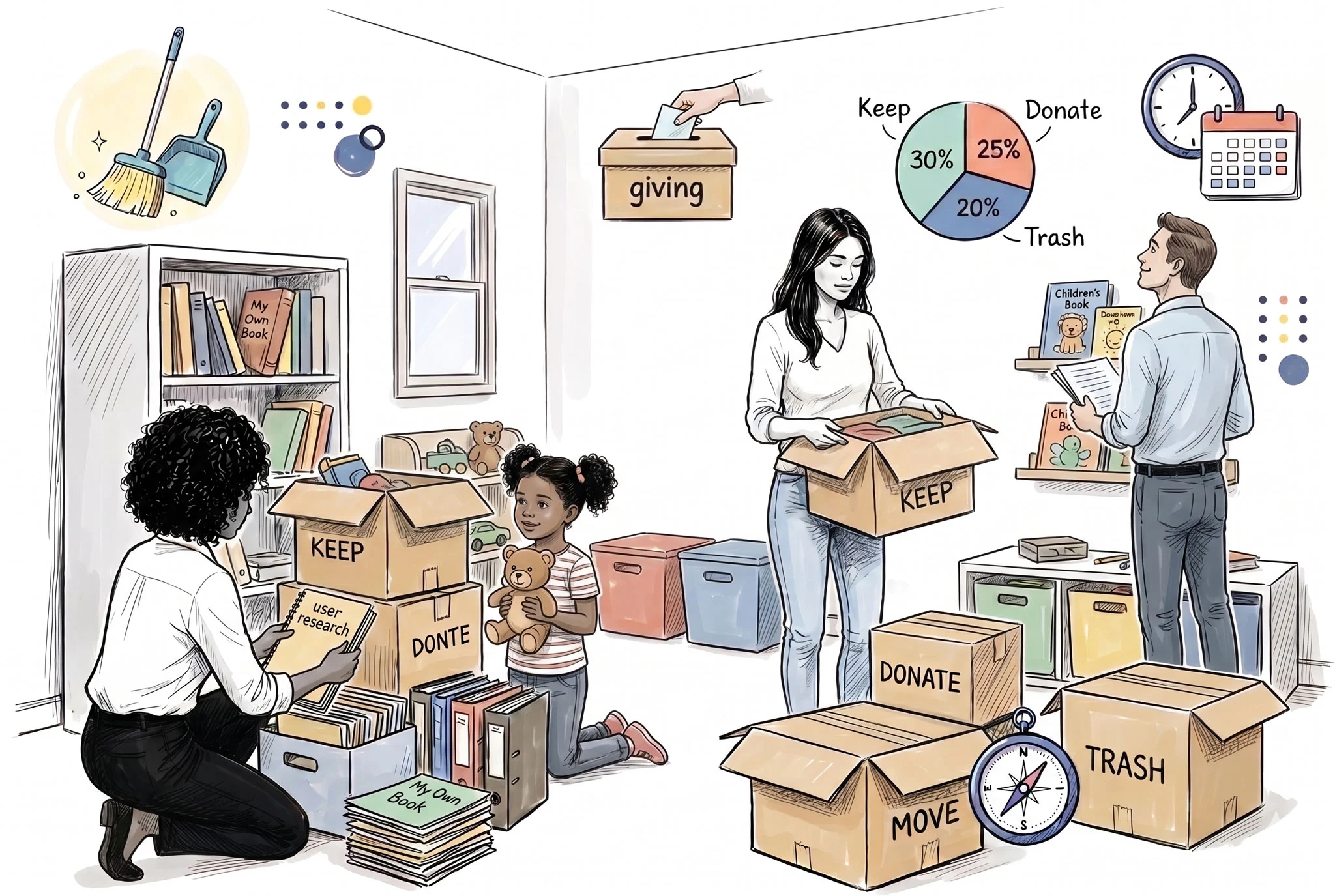 Family sorting books into keep, donate, trash boxes