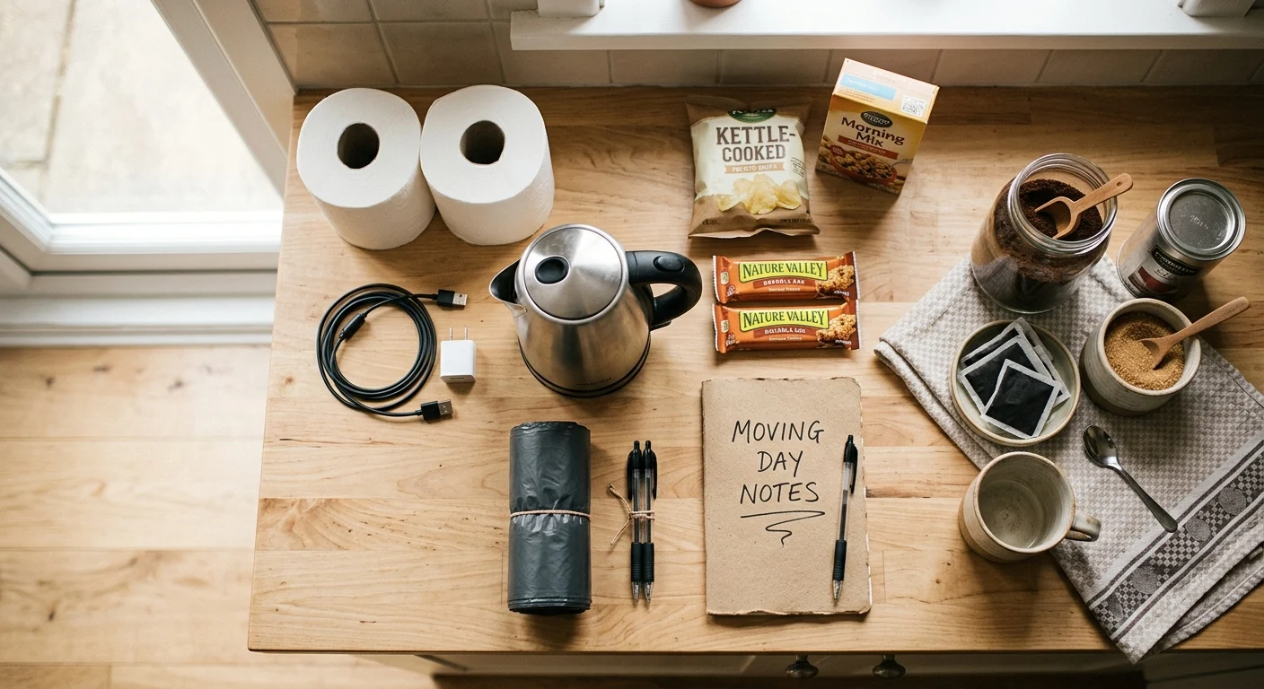 Moving day essentials laid out on wooden table
