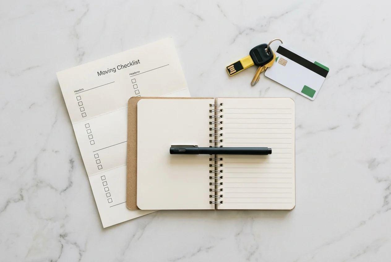 Overhead flat lay of a moving checklist, open spiral notebook, pen and house keys on a marble surface