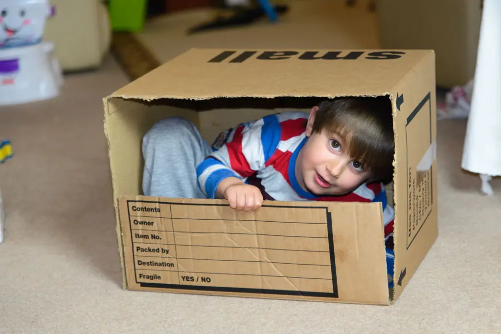 Young boy smiling while sitting inside a cardboard moving box during home relocation
