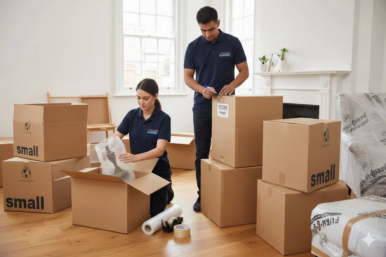 Two Best London Removals team members packing moving boxes in a living room