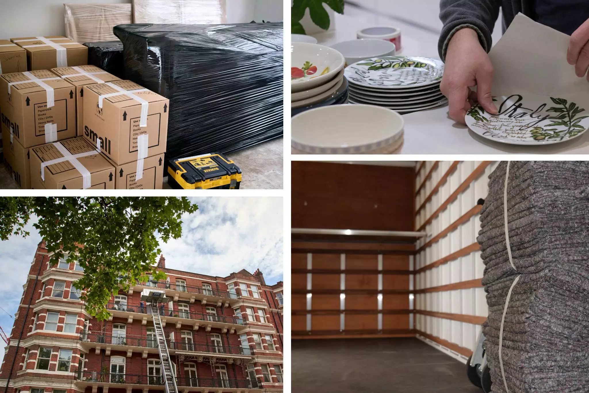Collage showing boxes and furniture wrapped for moving, fragile dishes being packed, a red-brick London building with a lifting platform, and the clean interior of a removal van