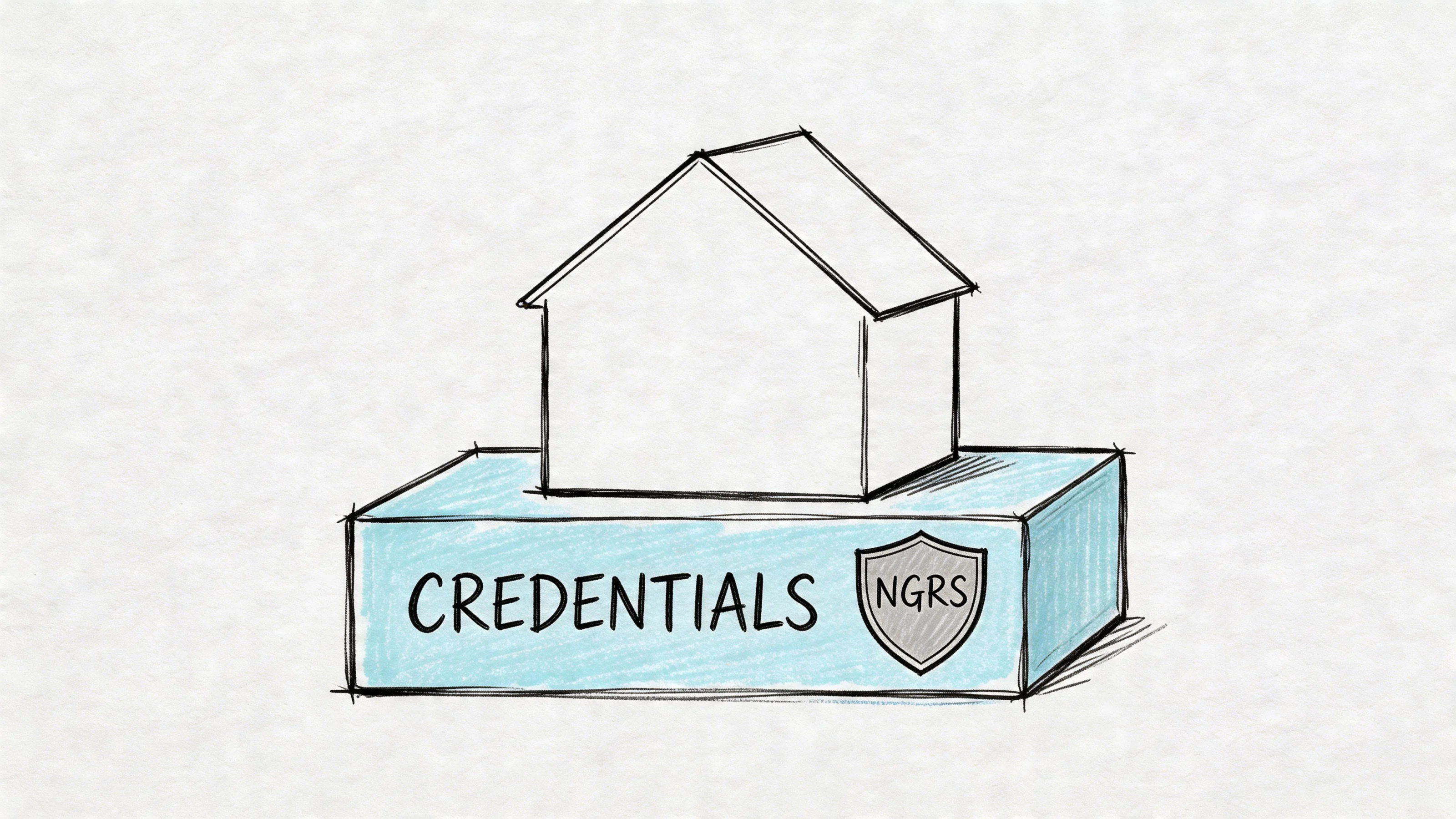 Sketch house atop credentials box with shield badge