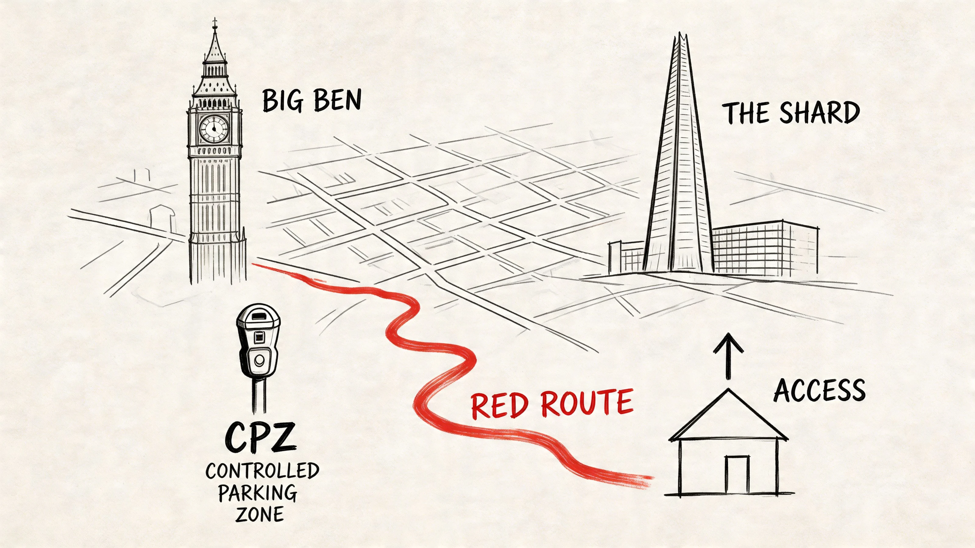 Illustration of Big Ben, Shard and London red route
