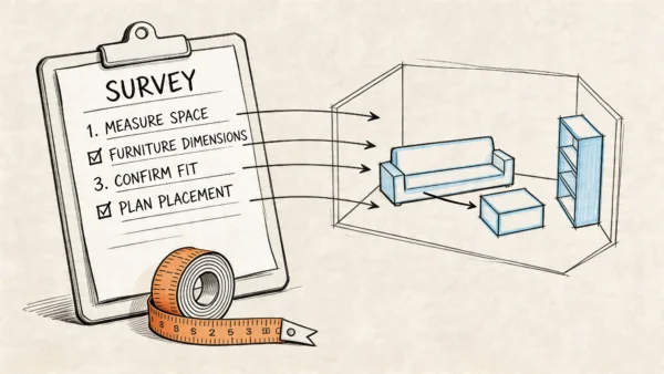Survey checklist and living room furniture layout sketch