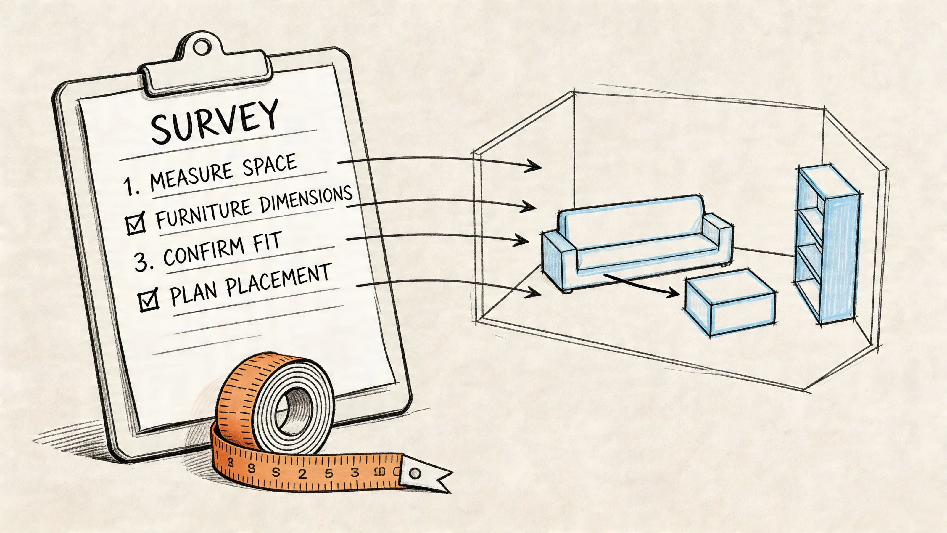 Survey checklist and living room furniture layout sketch