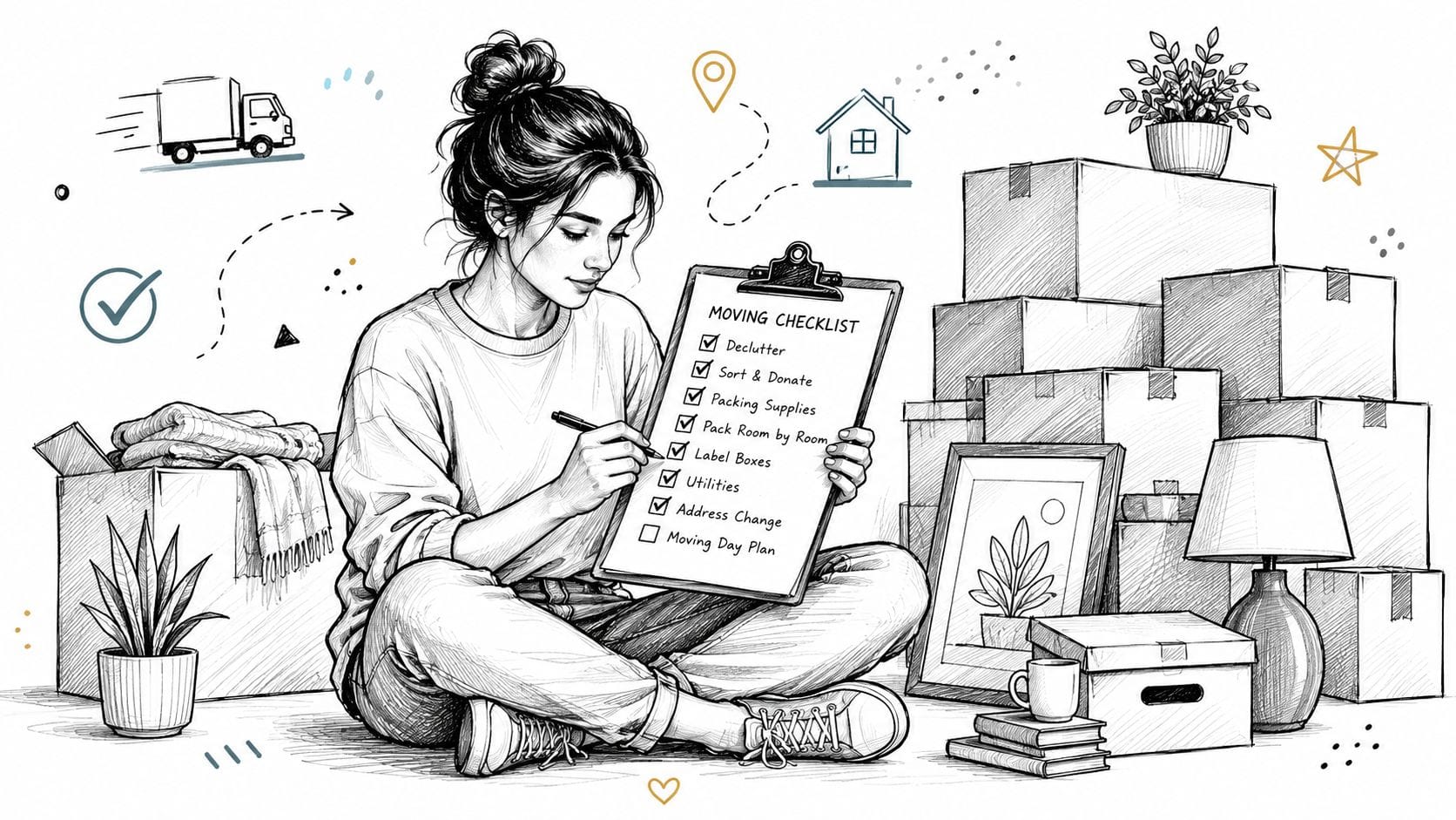 Woman checking moving checklist beside packed boxes