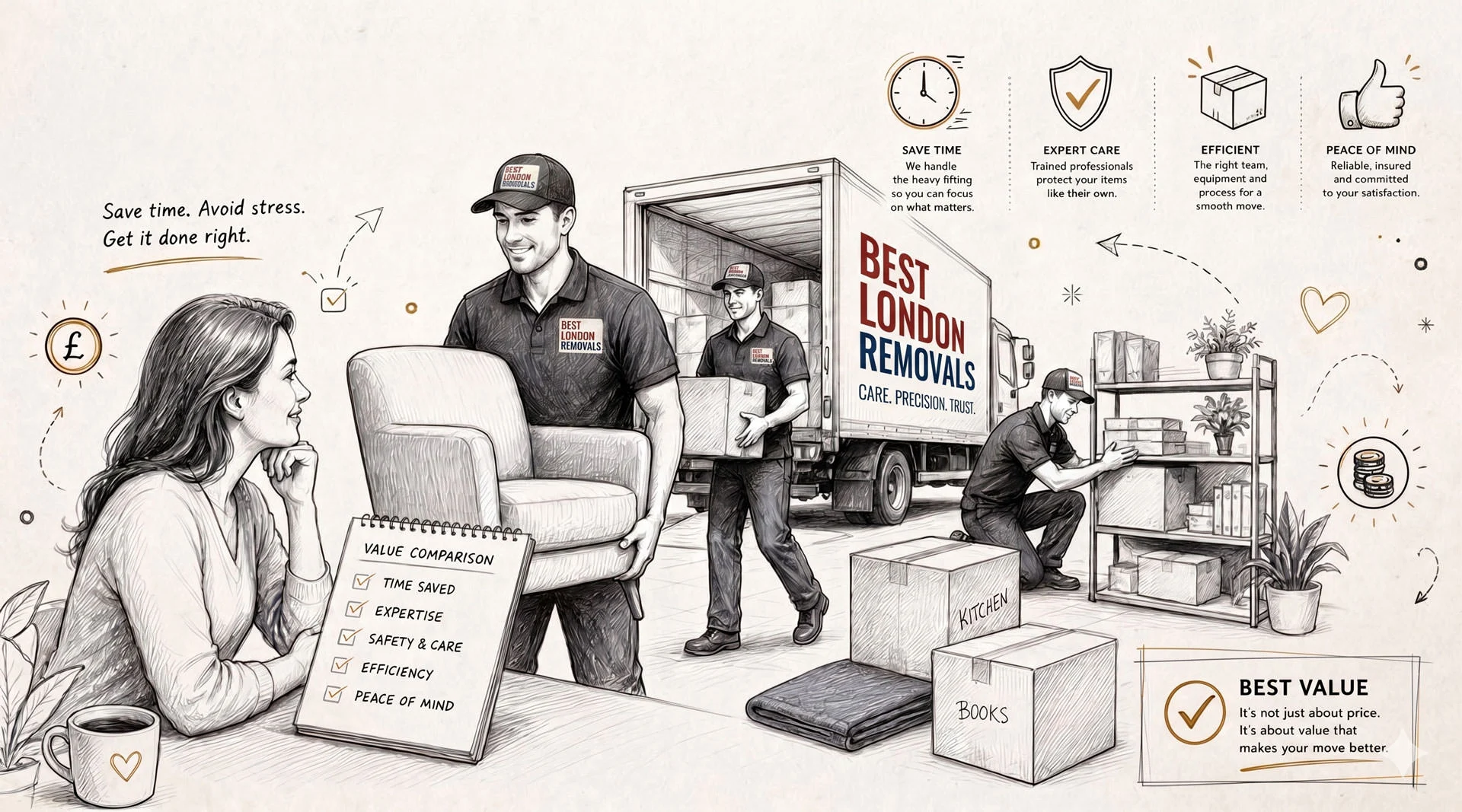 Removal team unloading furniture from branded London truck