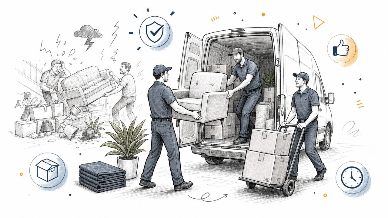 Professional movers unloading furniture from removal van