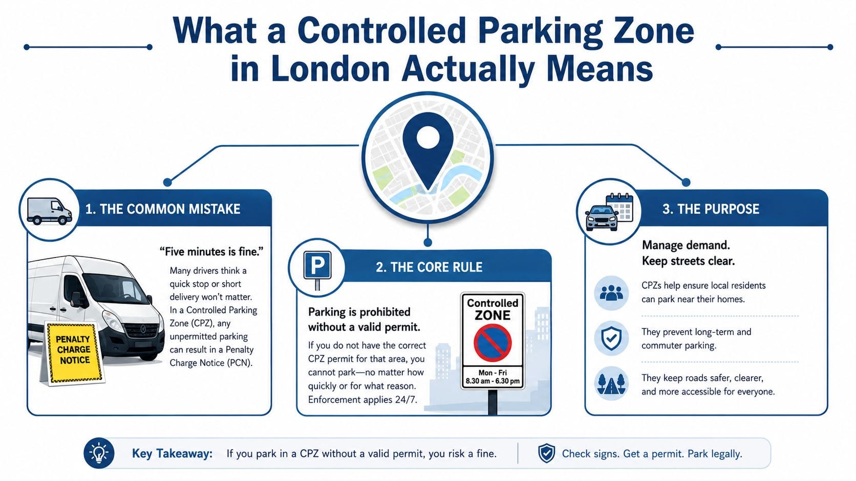 An infographic explaining how a controlled parking zone works in London and the rules for parking.