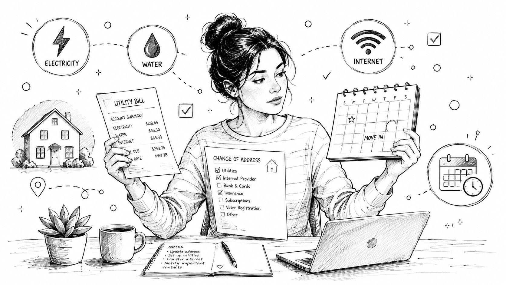 Woman organising utilities and move-in date paperwork