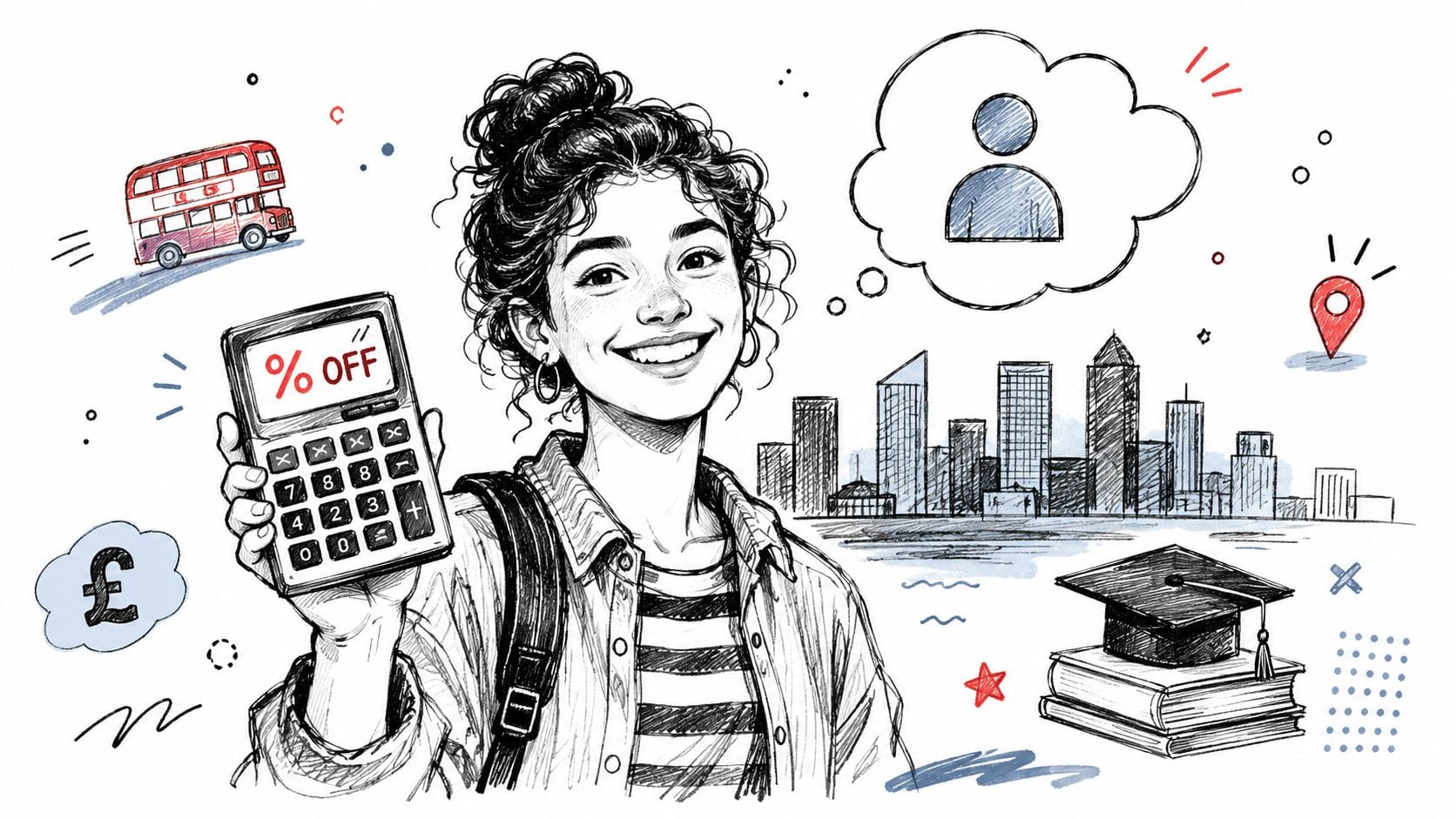 Student holding calculator with discount and city doodles