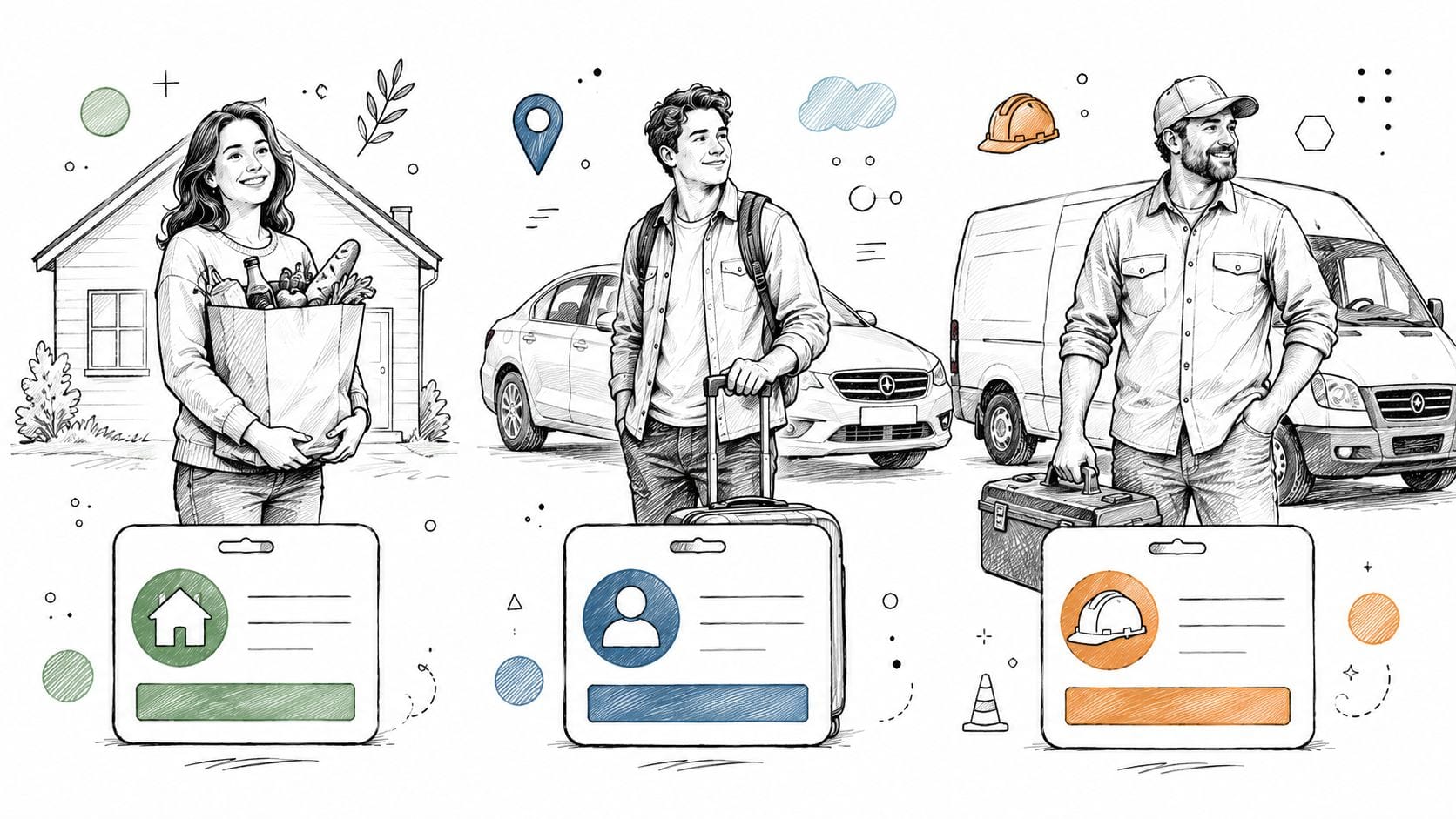 Illustrated workers with vehicles and service ID cards
