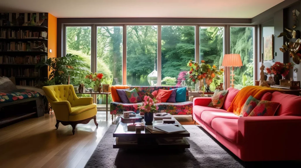 Colourful living room with delicate furniture, large windows, and garden view prepared for professional moving service