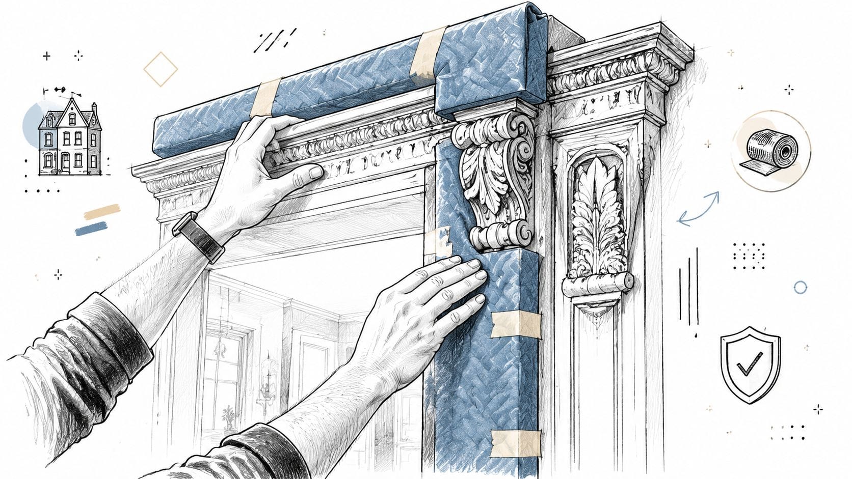 Hands padding ornate door frame with protective wrap