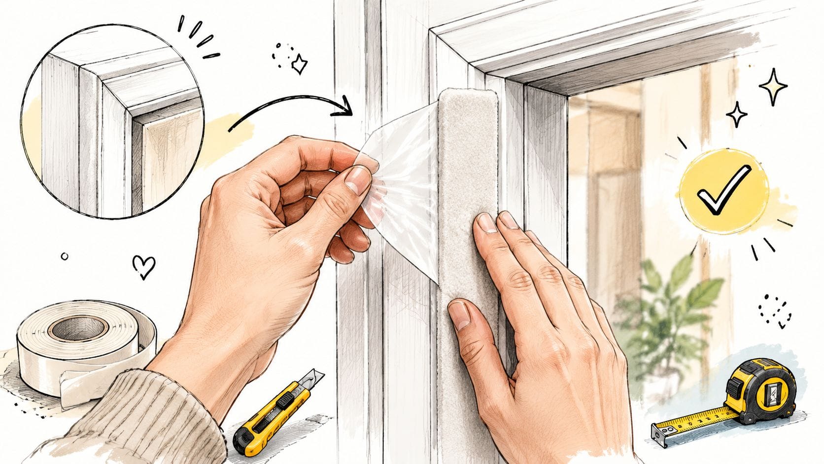 Applying draught excluder tape to window frame