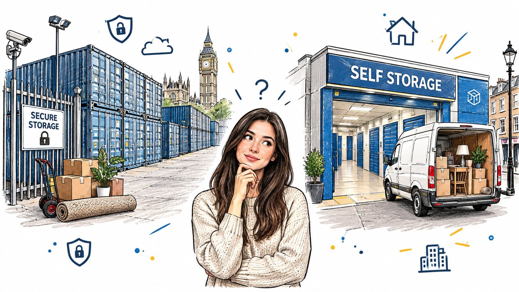 A side by side comparison scene for a London move, one side showing a secure container storage yard with steel storage c