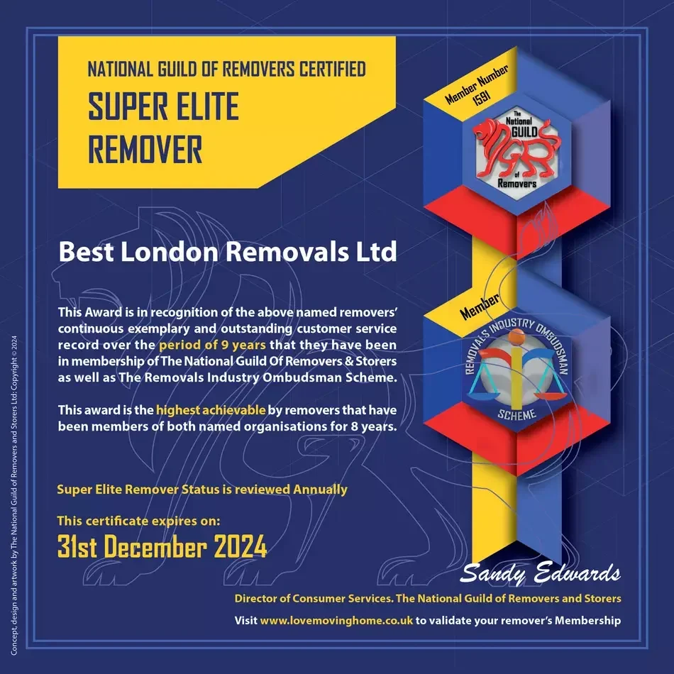 Certificate showing Best London Removals Ltd as a Super Elite Remover, awarded by the National Guild of Removers and Storers for 9 years of exemplary service
