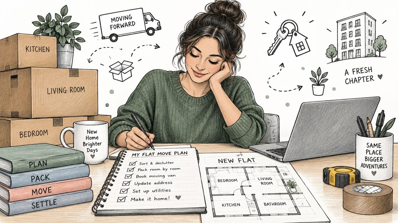 A woman happily planning her flat move with a checklist, cardboard boxes, and floor plan on desk.