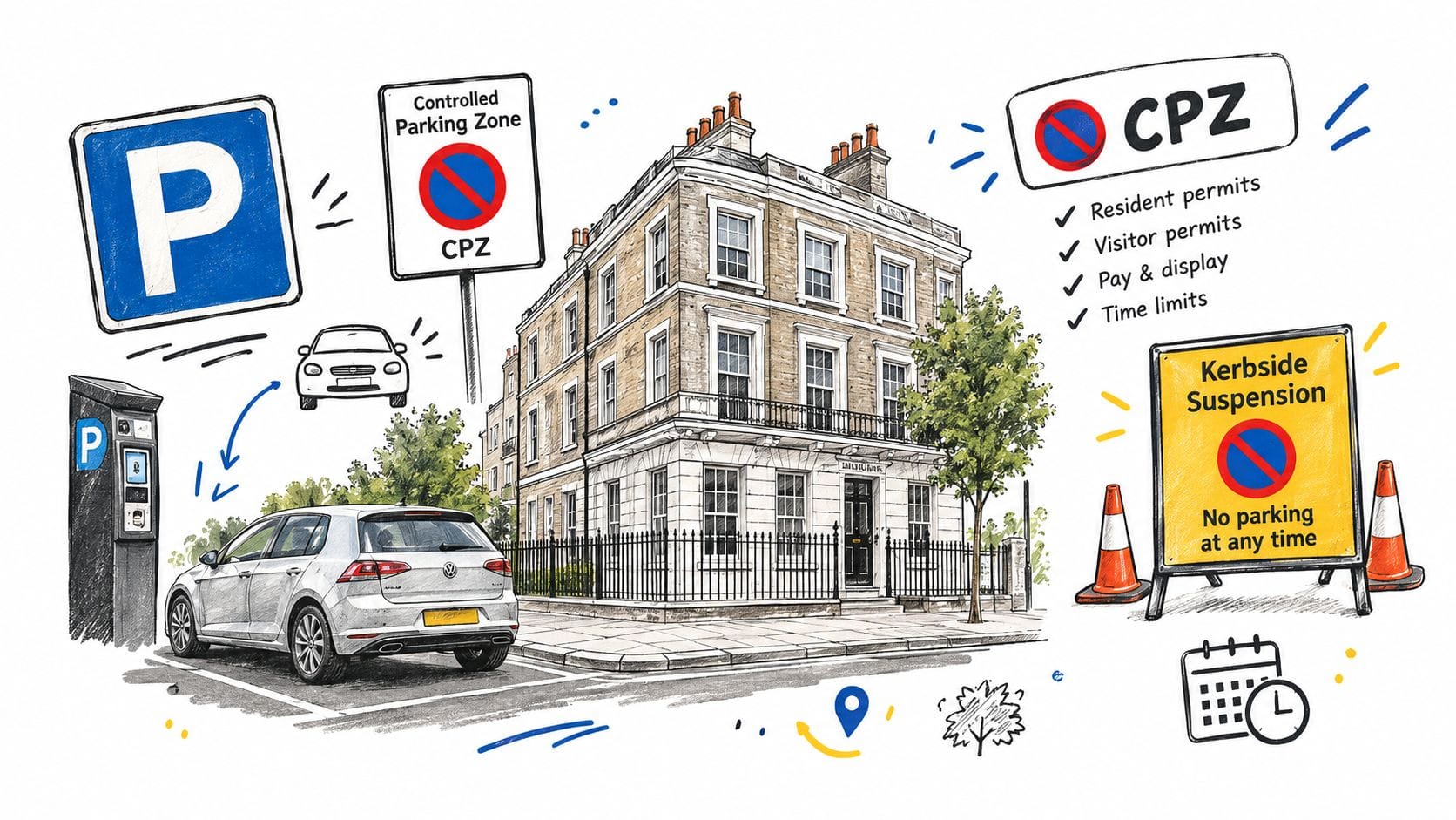 A street scene illustrating a Controlled Parking Zone with signage, parking meter, and residential building in London.