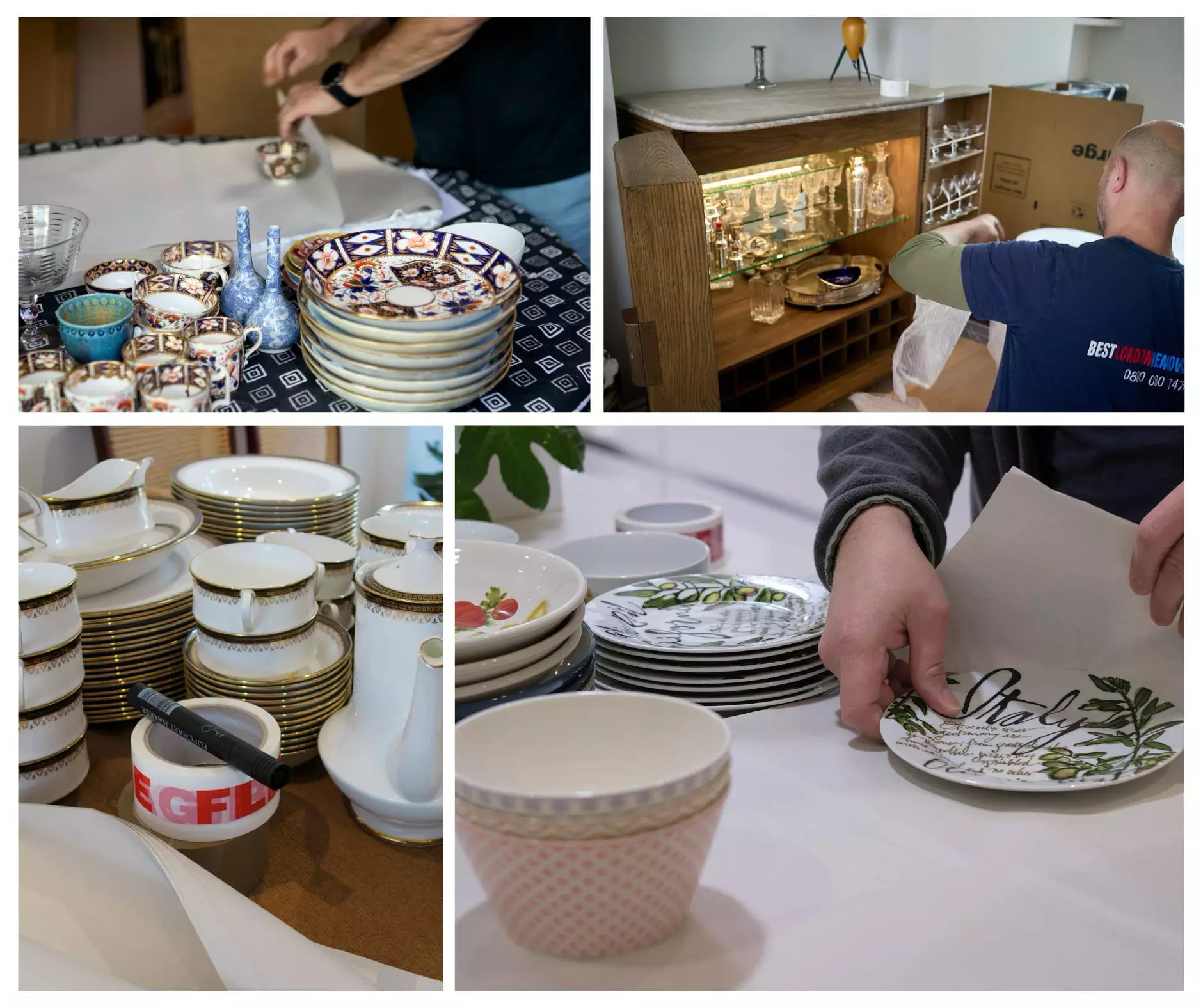 Professional movers packing fragile dishes, glasses, and kitchenware with paper and protective materials for safe transport during a move.