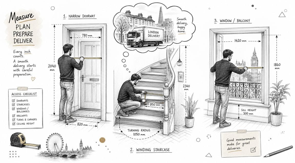 Man measuring doorway, staircase and window for delivery