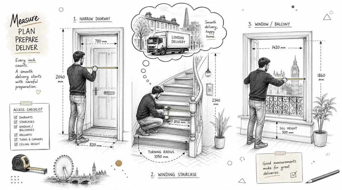 Man measuring doorway, staircase and window for delivery