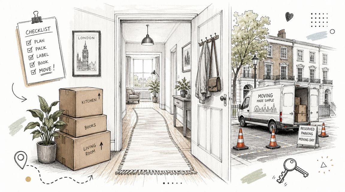 Illustrated home move with boxes and removal van