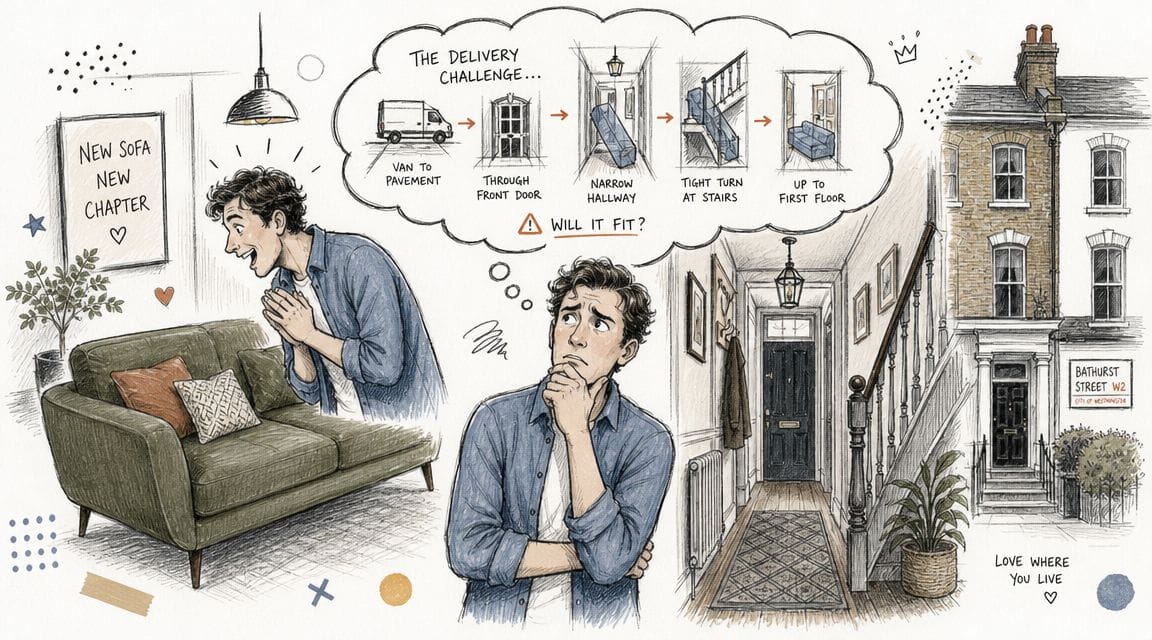 Man imagining sofa delivery into narrow townhouse hallway