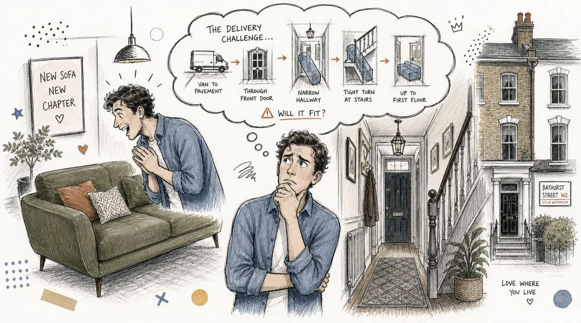 Man imagining sofa delivery into narrow townhouse hallway