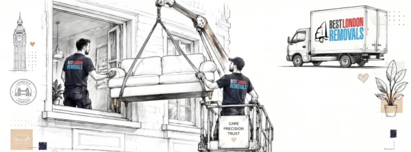Removal team lifting sofa through London window