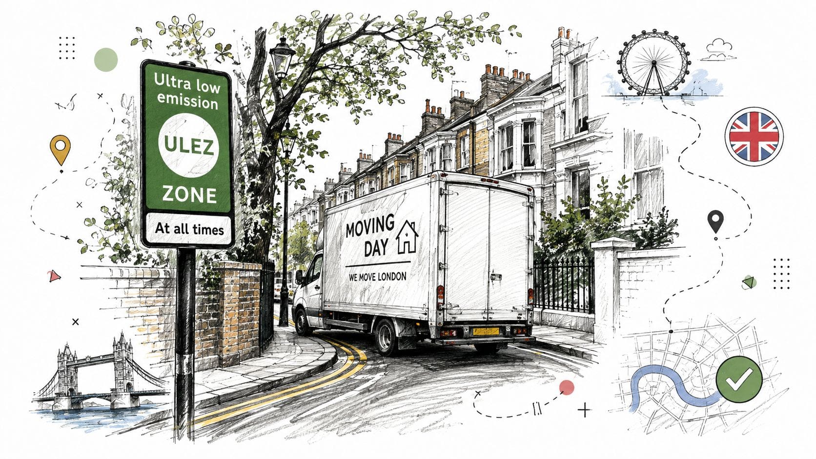 A delivery van driving through a London street near a ULEZ zone sign, illustrating logistics in city centers.
