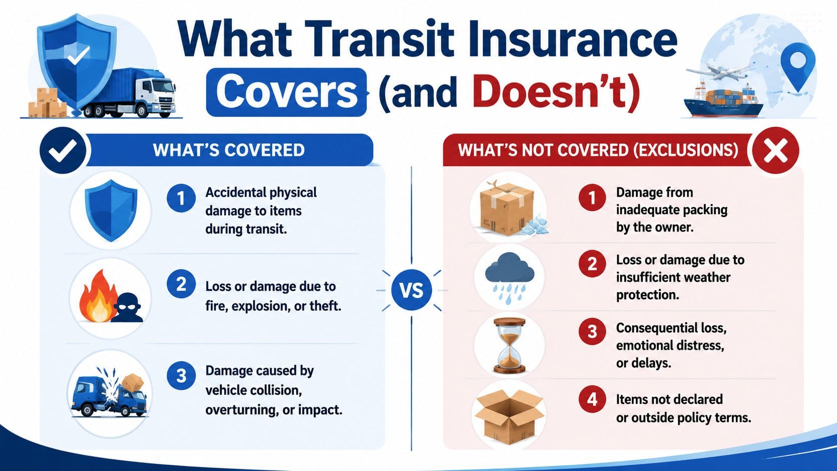 Transit insurance coverage and exclusions infographic