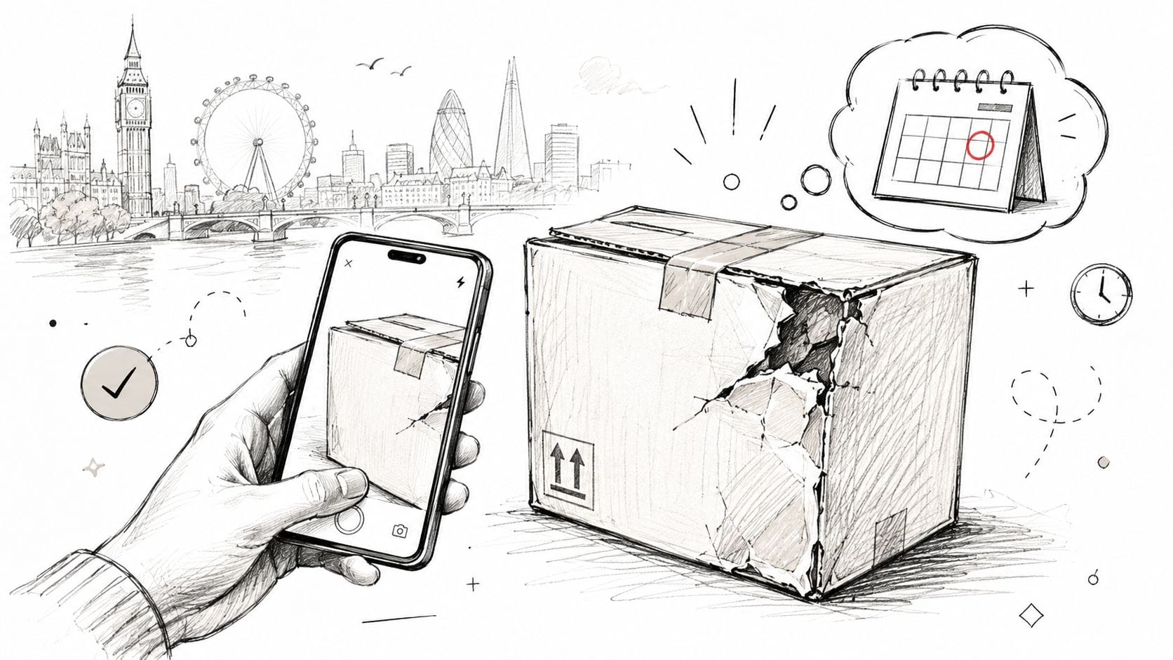 Damaged parcel photographed with London skyline background