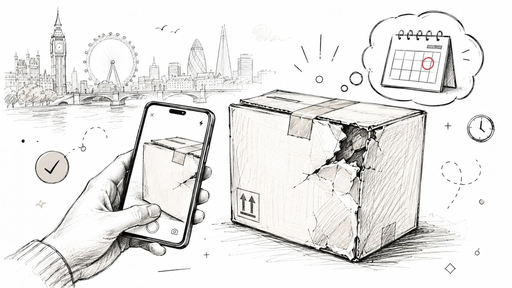 Damaged parcel photographed with London skyline background