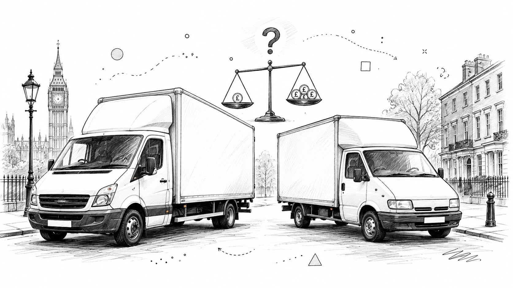 Two delivery vans with London skyline and scales
