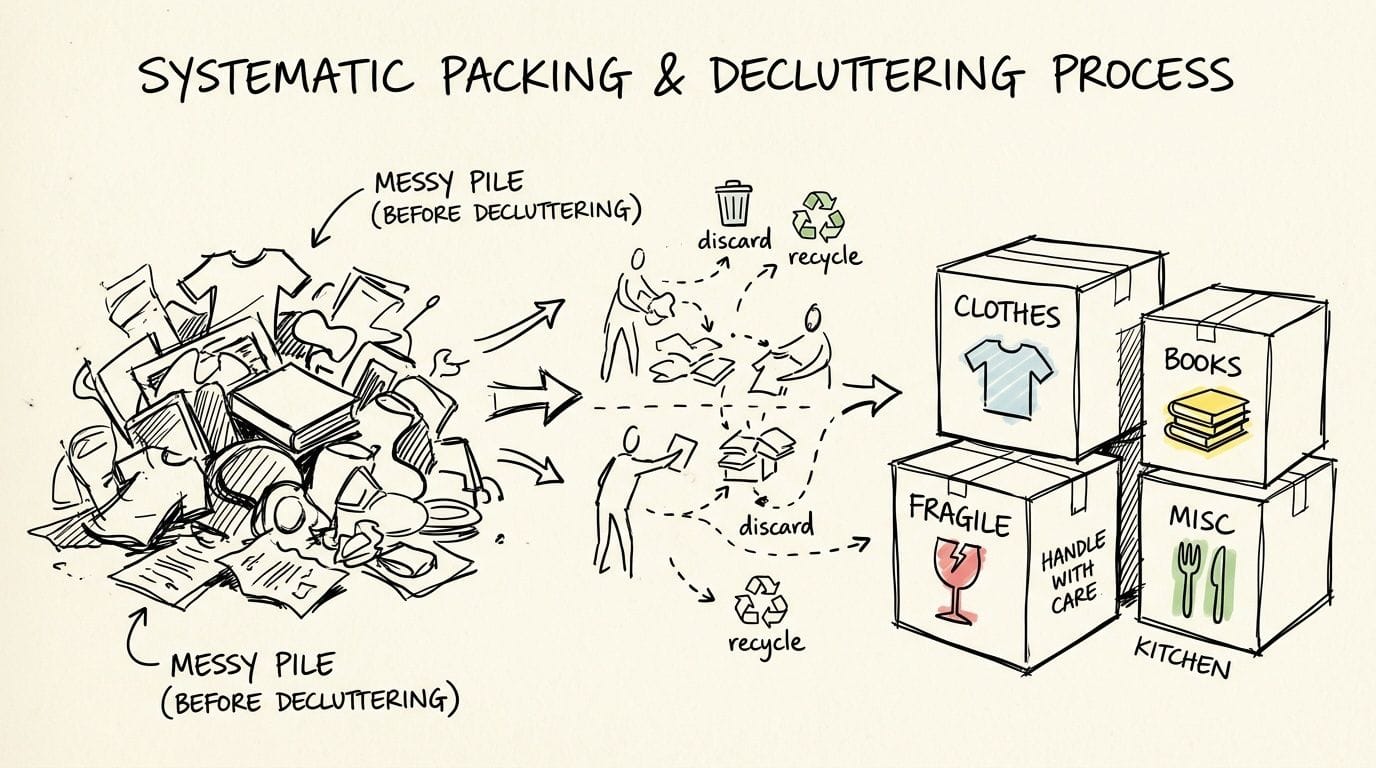 Diagram of decluttering and packing process steps